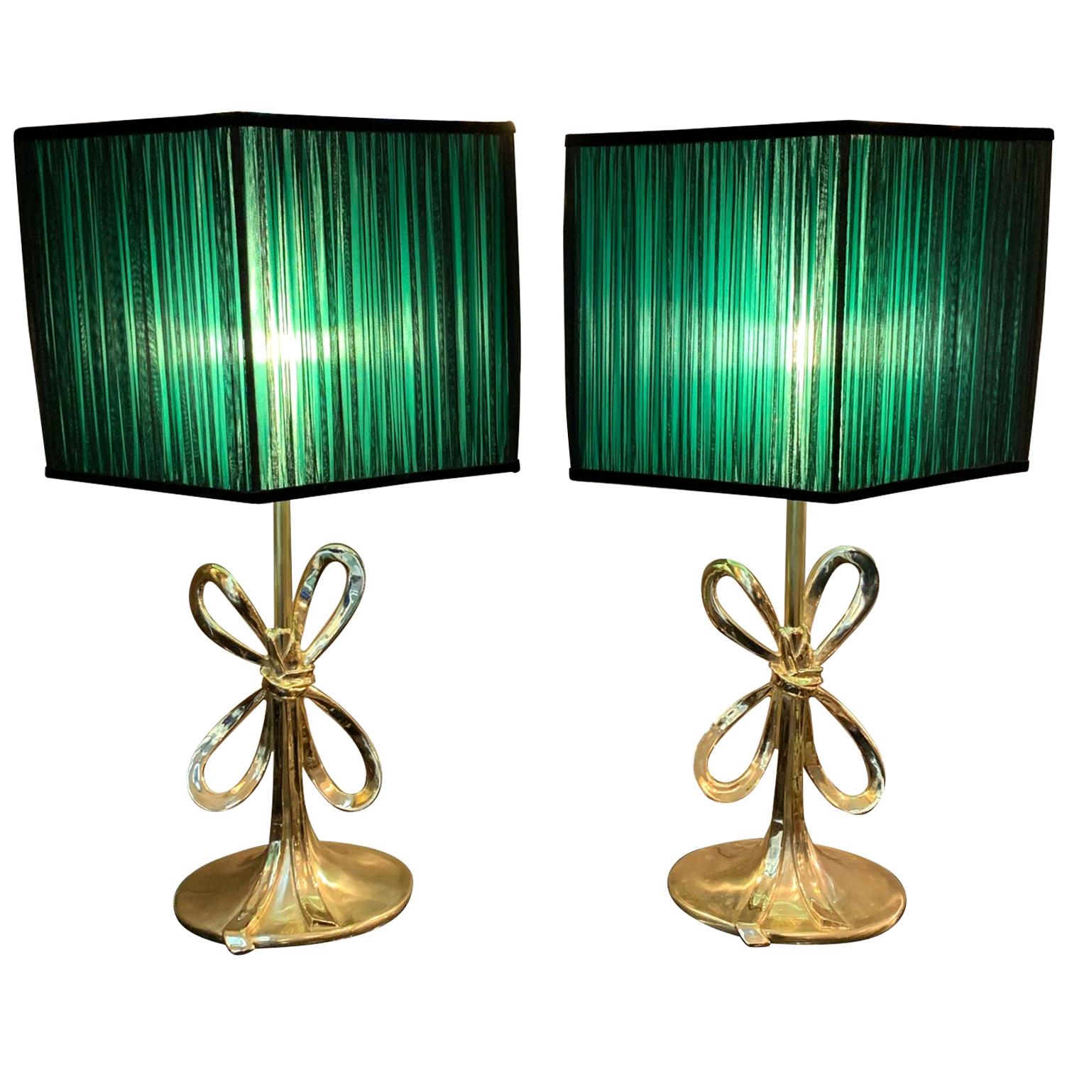 Pair of Italian Vintage Brass Bow Table Lamps Oval Base, 1970s