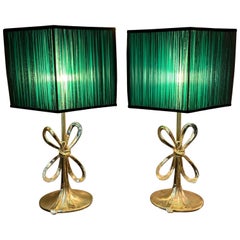 Pair of Italian Vintage Brass Bow Table Lamps Oval Base, 1970s
