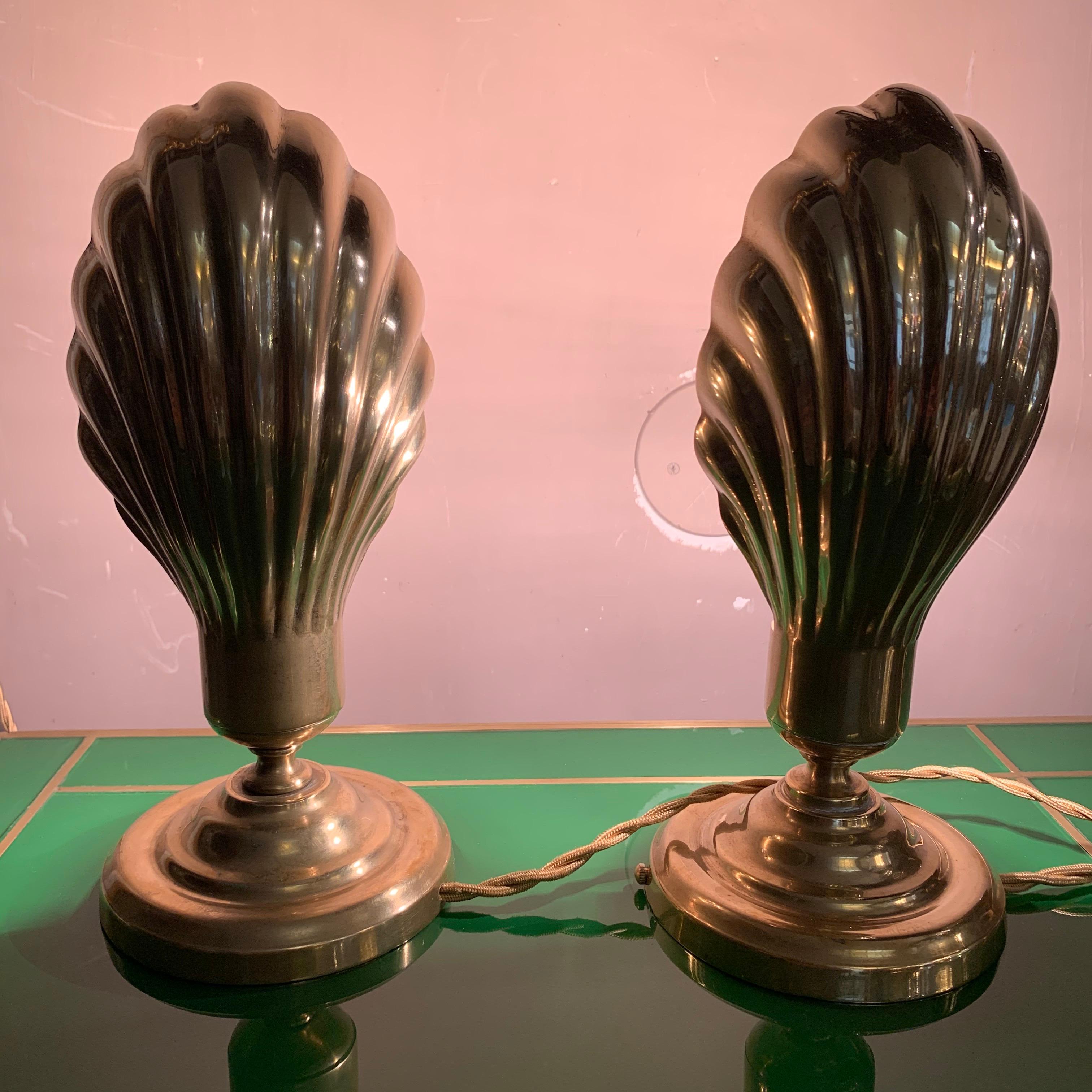 Pair of Italian Vintage Brass Clam Shell Nightstand Lamps, 1950s 13