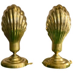 Pair of Italian Retro Brass Clam Shell Nightstand Lamps, 1950s