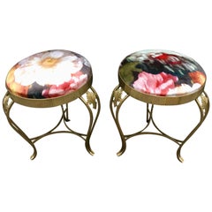 Pair of Italian Vintage Brass Round Benches with Floreal Velvet, 1950s