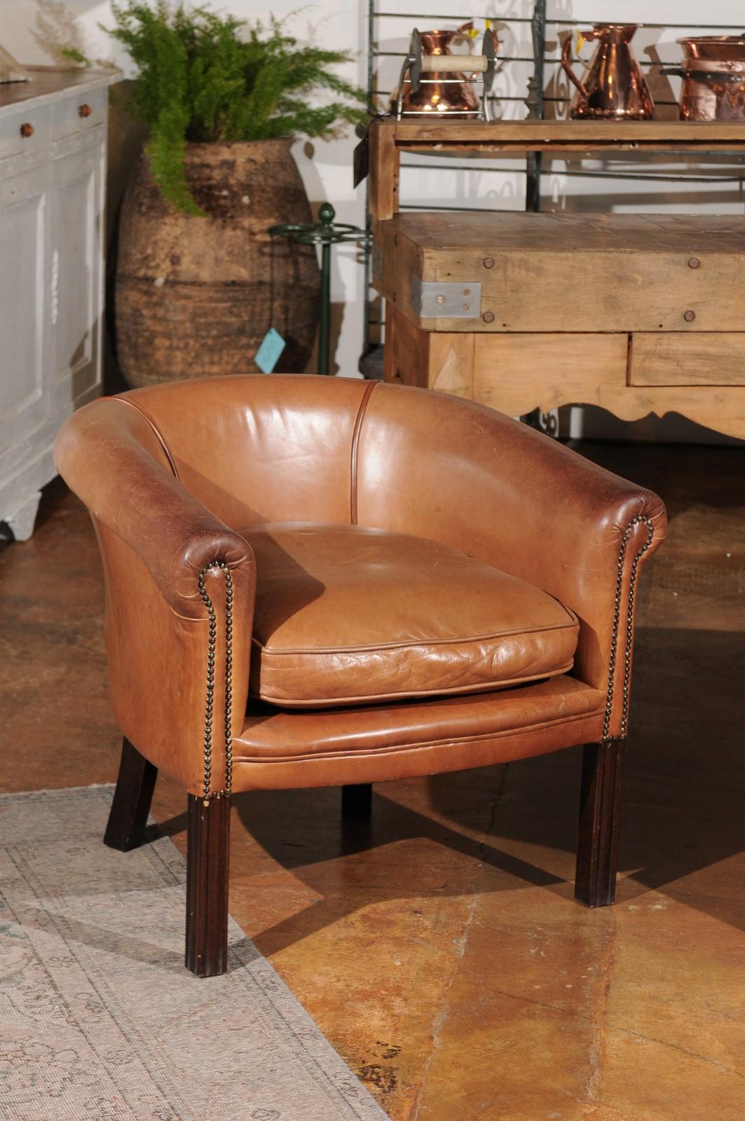 Pair of Italian Vintage Caramel Leather Club Chairs with Cushion and Nailheads 1