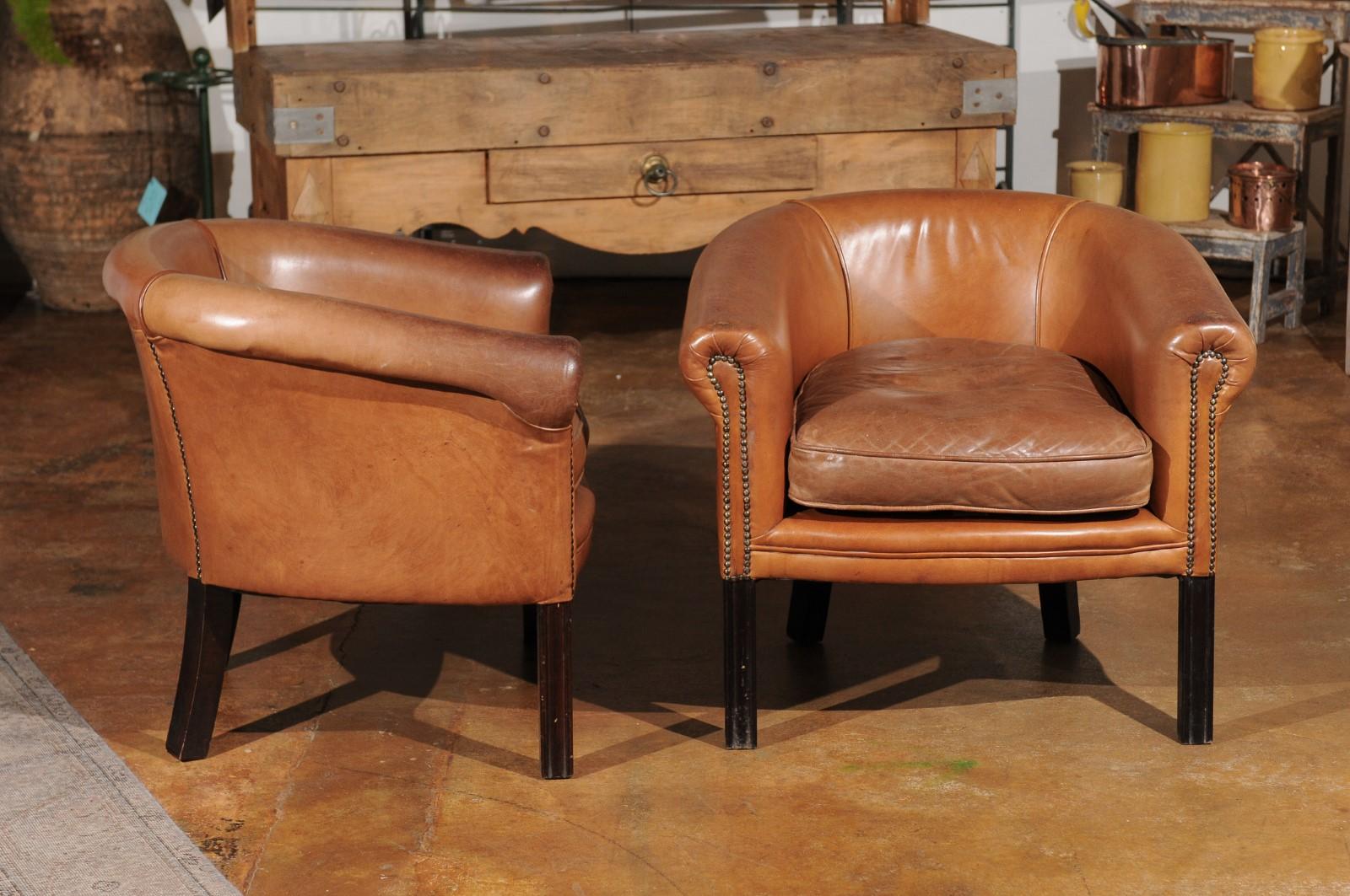 Pair of Italian Vintage Caramel Leather Club Chairs with Cushion and Nailheads 2