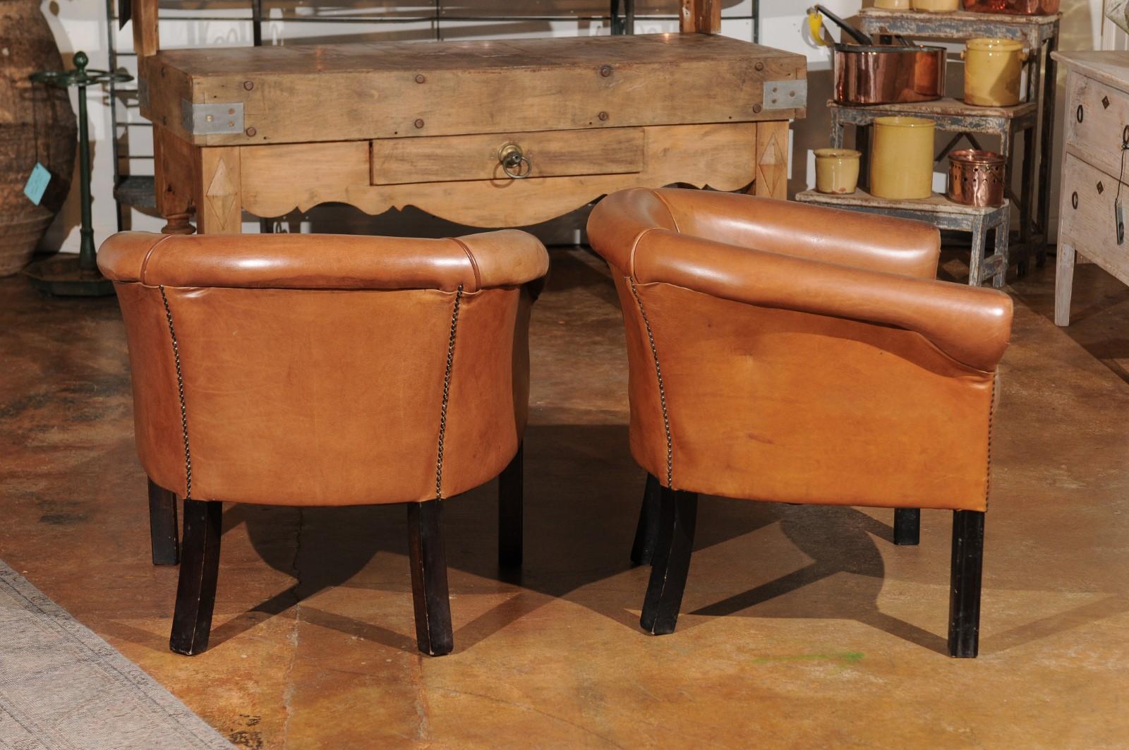 Pair of Italian Vintage Caramel Leather Club Chairs with Cushion and Nailheads 3