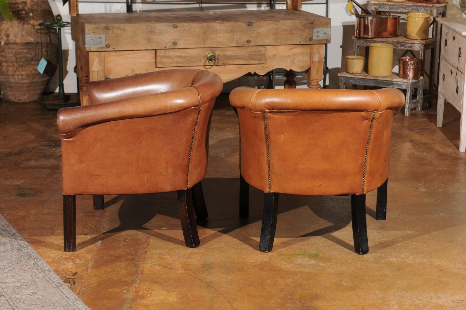 Pair of Italian Vintage Caramel Leather Club Chairs with Cushion and Nailheads 4
