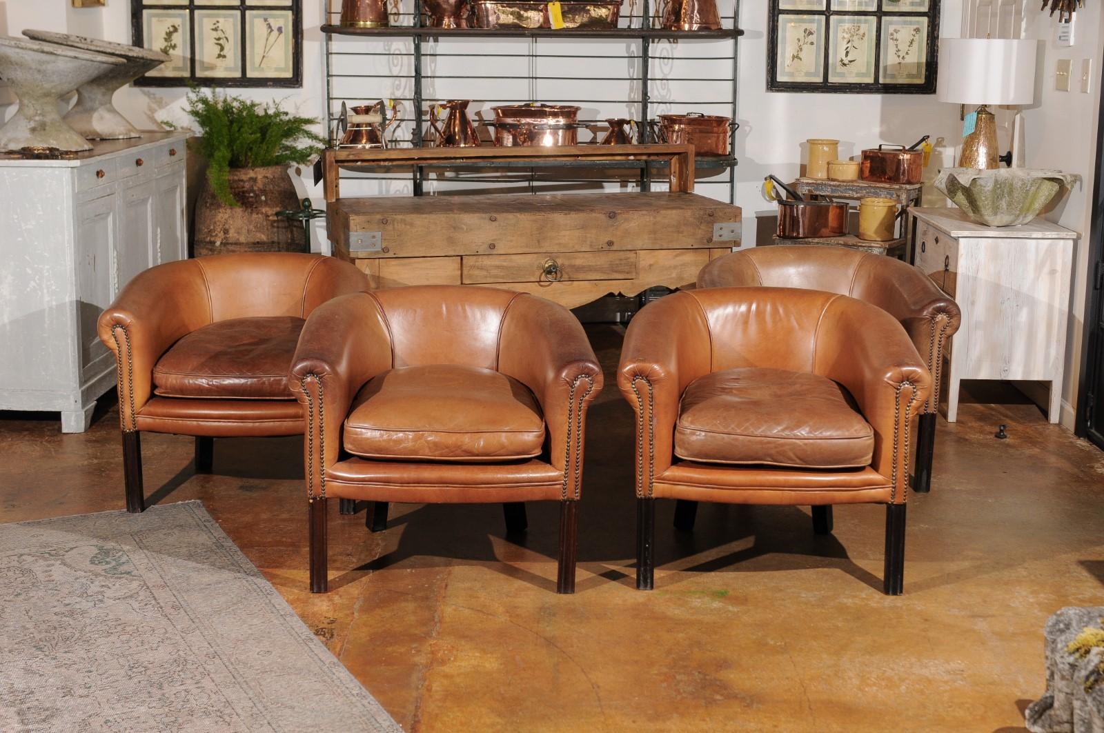 Pair of Italian Vintage Caramel Leather Club Chairs with Cushion and Nailheads 5