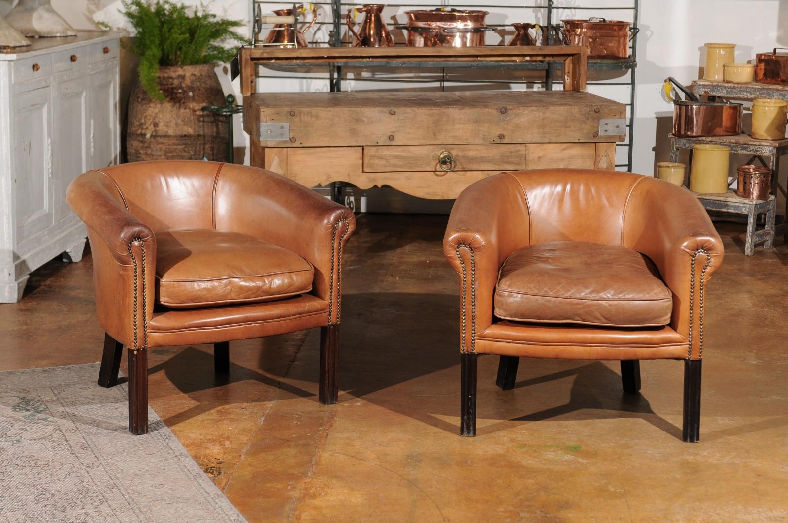 Pair of Italian Vintage Caramel Leather Club Chairs with Cushion and Nailheads In Good Condition In Atlanta, GA