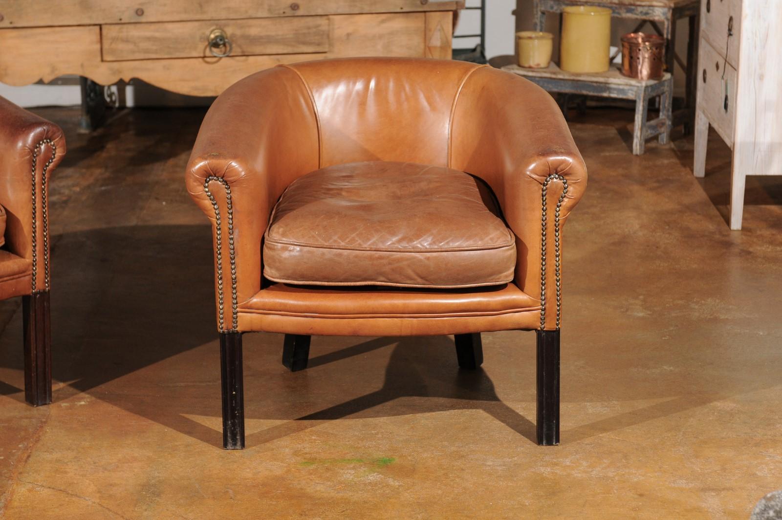 Brass Pair of Italian Vintage Caramel Leather Club Chairs with Cushion and Nailheads