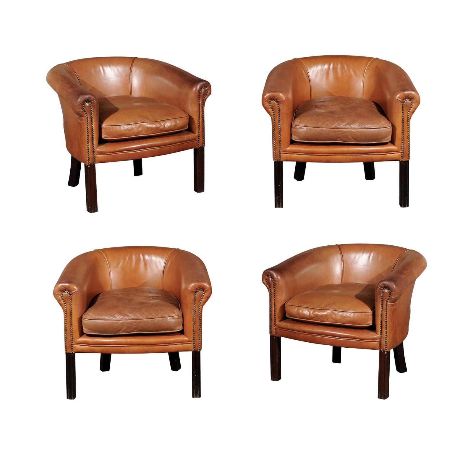 Pair of Italian Vintage Caramel Leather Club Chairs with Cushion and Nailheads