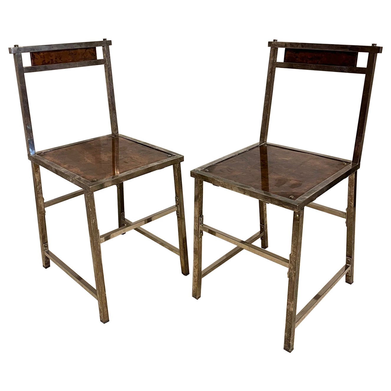 Italian vintage chair with silver-plated metal, copper and brass For Sale
