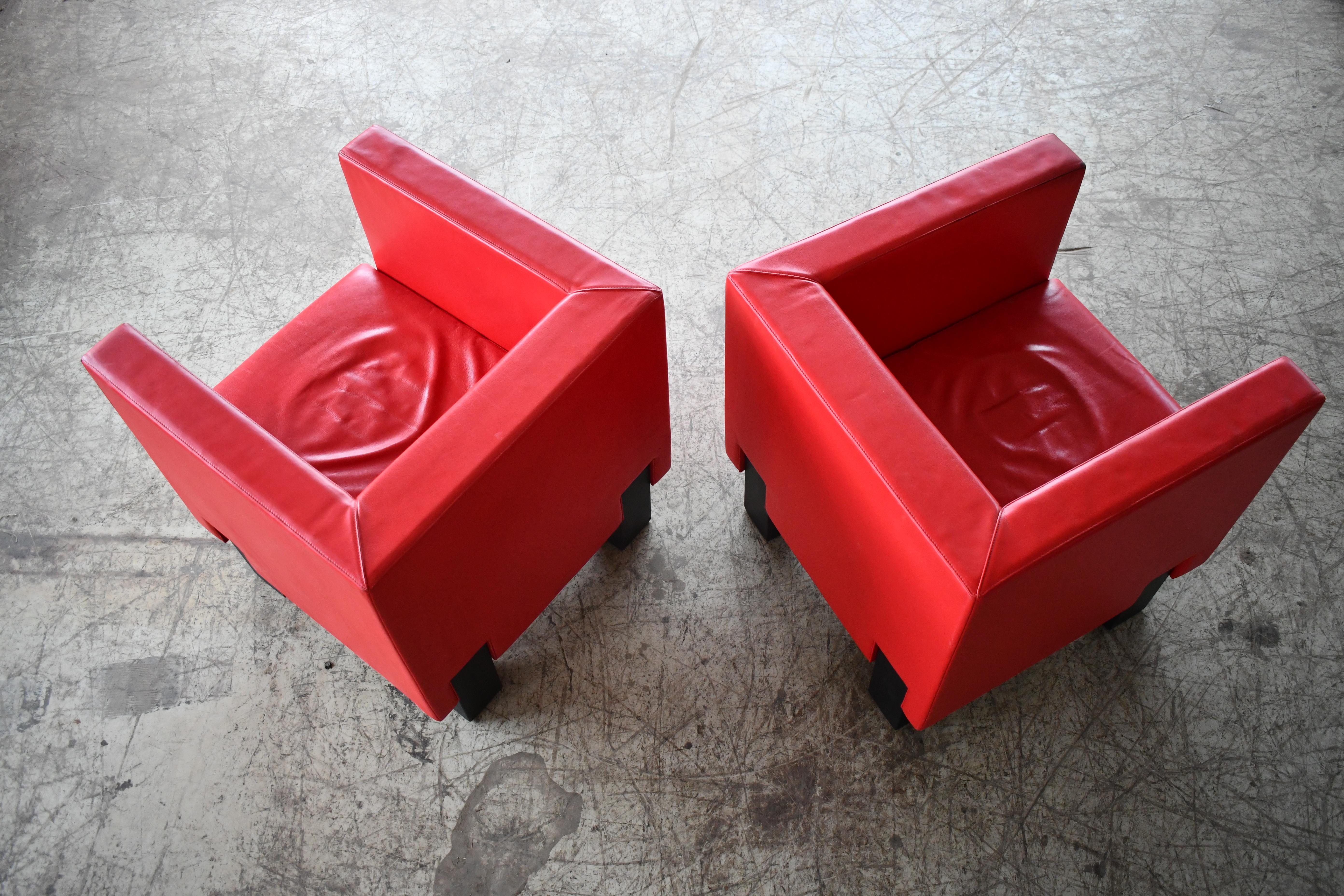 Late 20th Century Pair of Italian Vintage Club Chairs in Red Leather ca. 1970's by Poltrona Frau For Sale