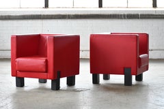 Pair of Italian Vintage Club Chairs in Red Leather ca. 1970's by Poltrona Frau