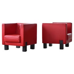 Pair of Italian Used Club Chairs in Red Leather ca. 1970's by Poltrona Frau