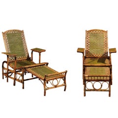 Pair of Italian Vintage Green and Brown Wicker Lounge Chairs from Milan, 1950s