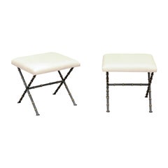 Pair of Italian Vintage Iron Stools with X-Form Faux-Bamboo Base, circa 1950