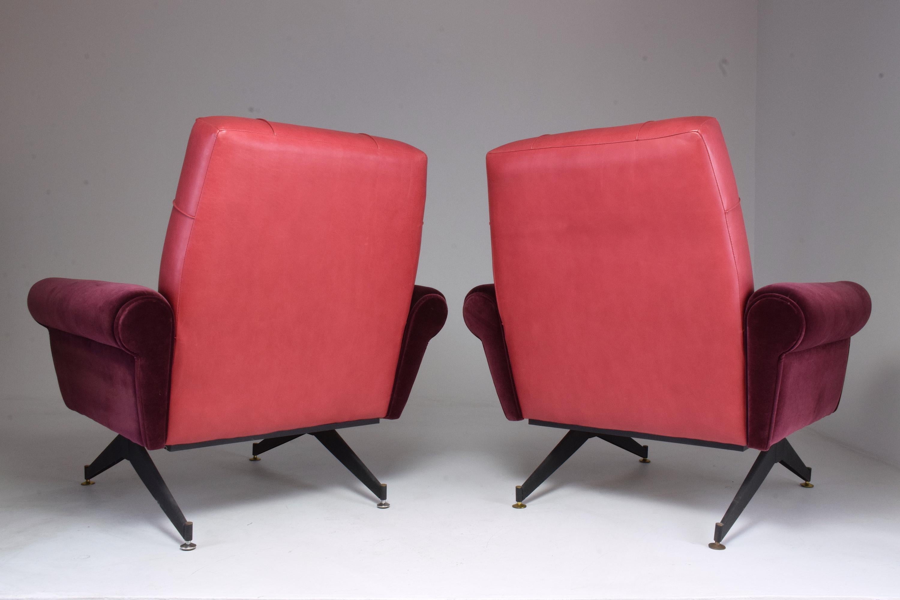 Pair of Italian Vintage Midcentury Velvet Leather Armchairs, 1950s 8