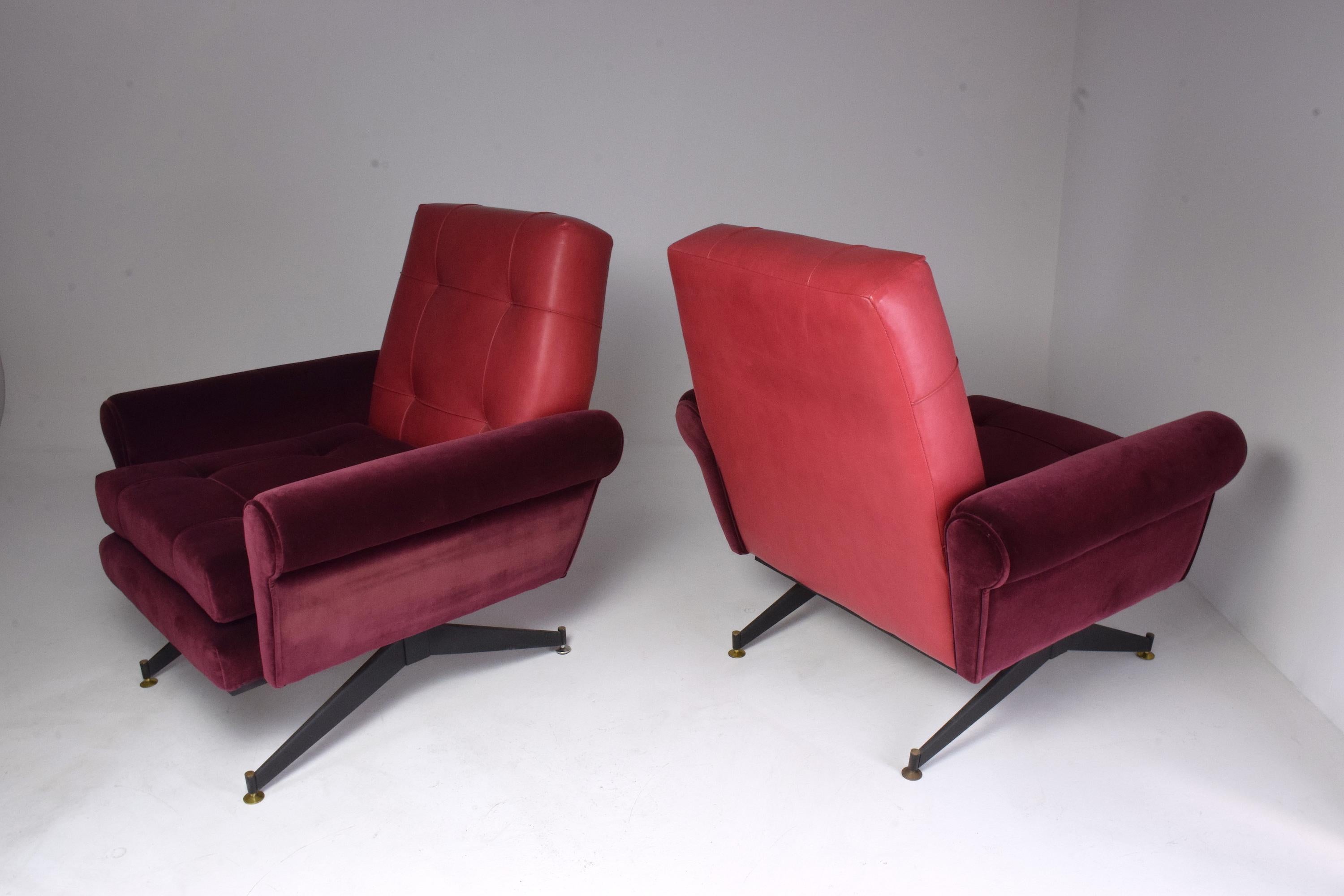 Pair of Italian Vintage Midcentury Velvet Leather Armchairs, 1950s 10