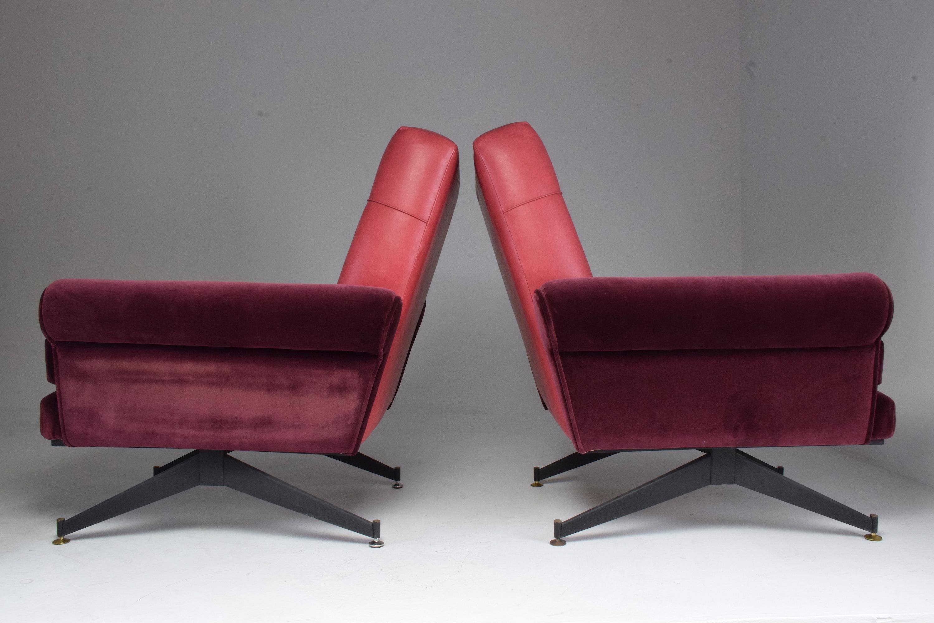 Pair of Italian Vintage Midcentury Velvet Leather Armchairs, 1950s 11