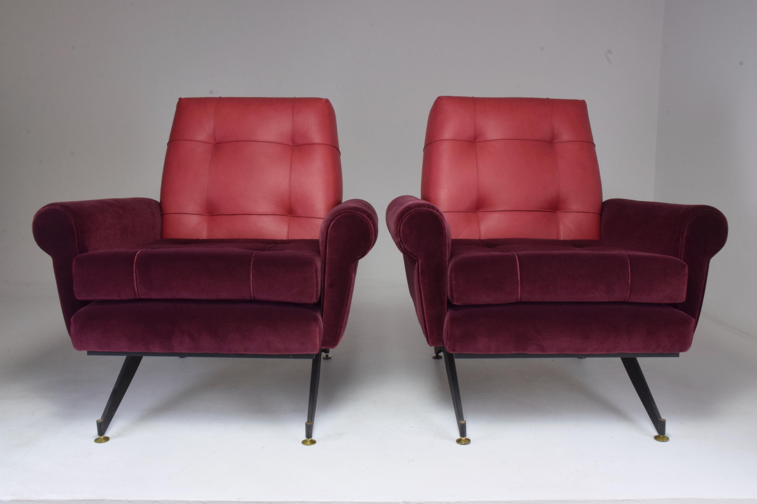 Pair of Italian Vintage Midcentury Velvet Leather Armchairs, 1950s 12