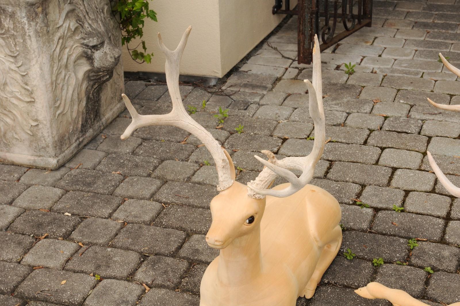 Pair of Italian Vintage Midcentury Carved Wooden Stag Sculptures with Antlers For Sale 2