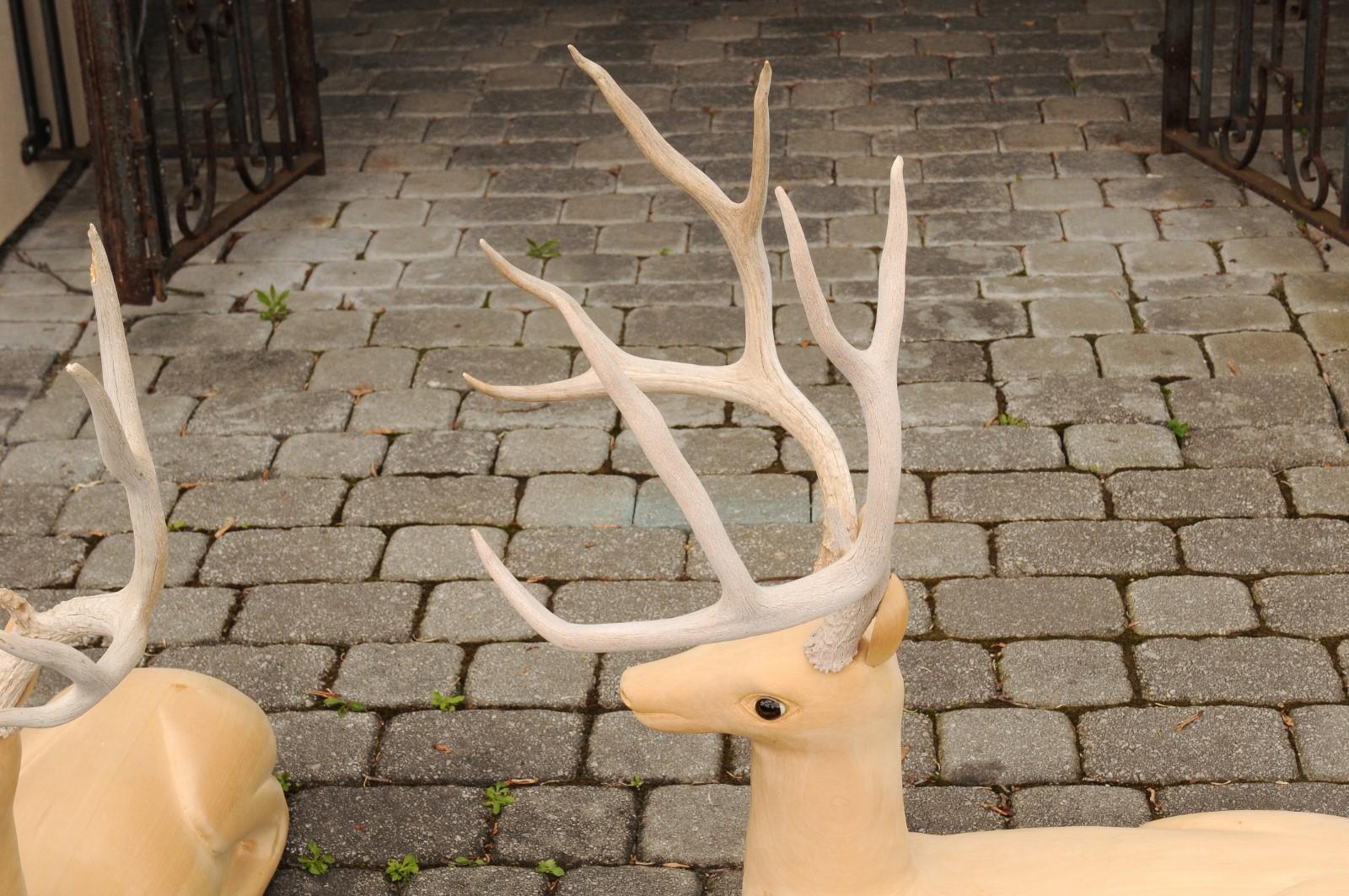 Pair of Italian Vintage Midcentury Carved Wooden Stag Sculptures with Antlers For Sale 3