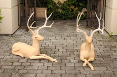 Pair of Italian Vintage Midcentury Carved Wooden Stag Sculptures with Antlers