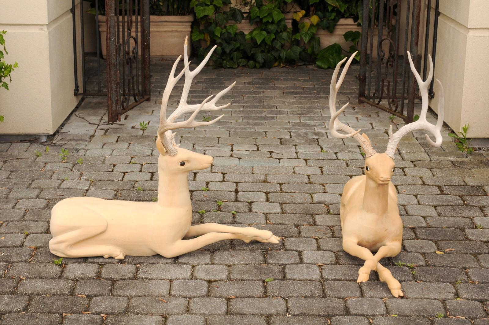 Mid-Century Modern Pair of Italian Vintage Midcentury Carved Wooden Stag Sculptures with Antlers For Sale
