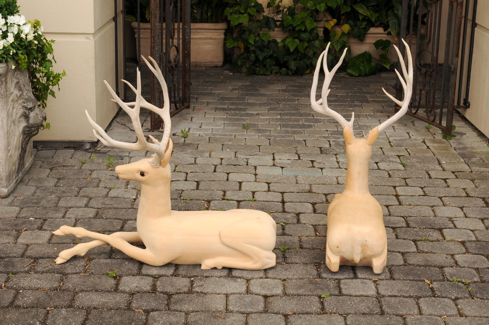 20th Century Pair of Italian Vintage Midcentury Carved Wooden Stag Sculptures with Antlers For Sale