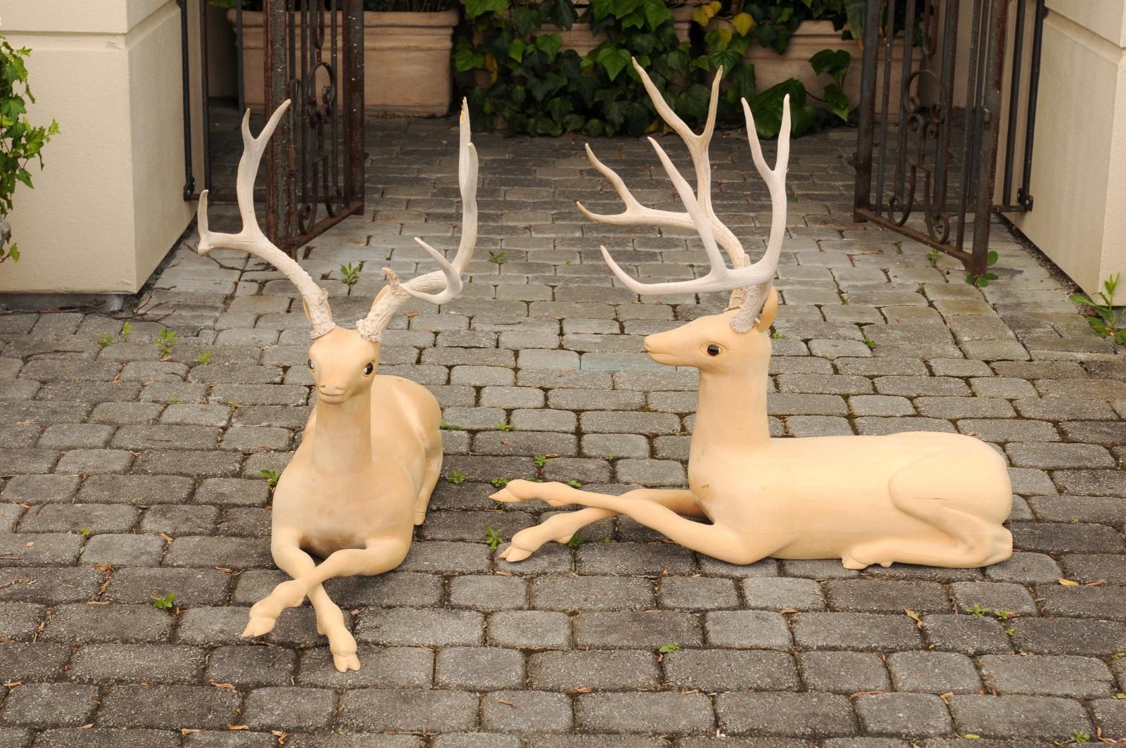 Pair of Italian Vintage Midcentury Carved Wooden Stag Sculptures with Antlers For Sale 1