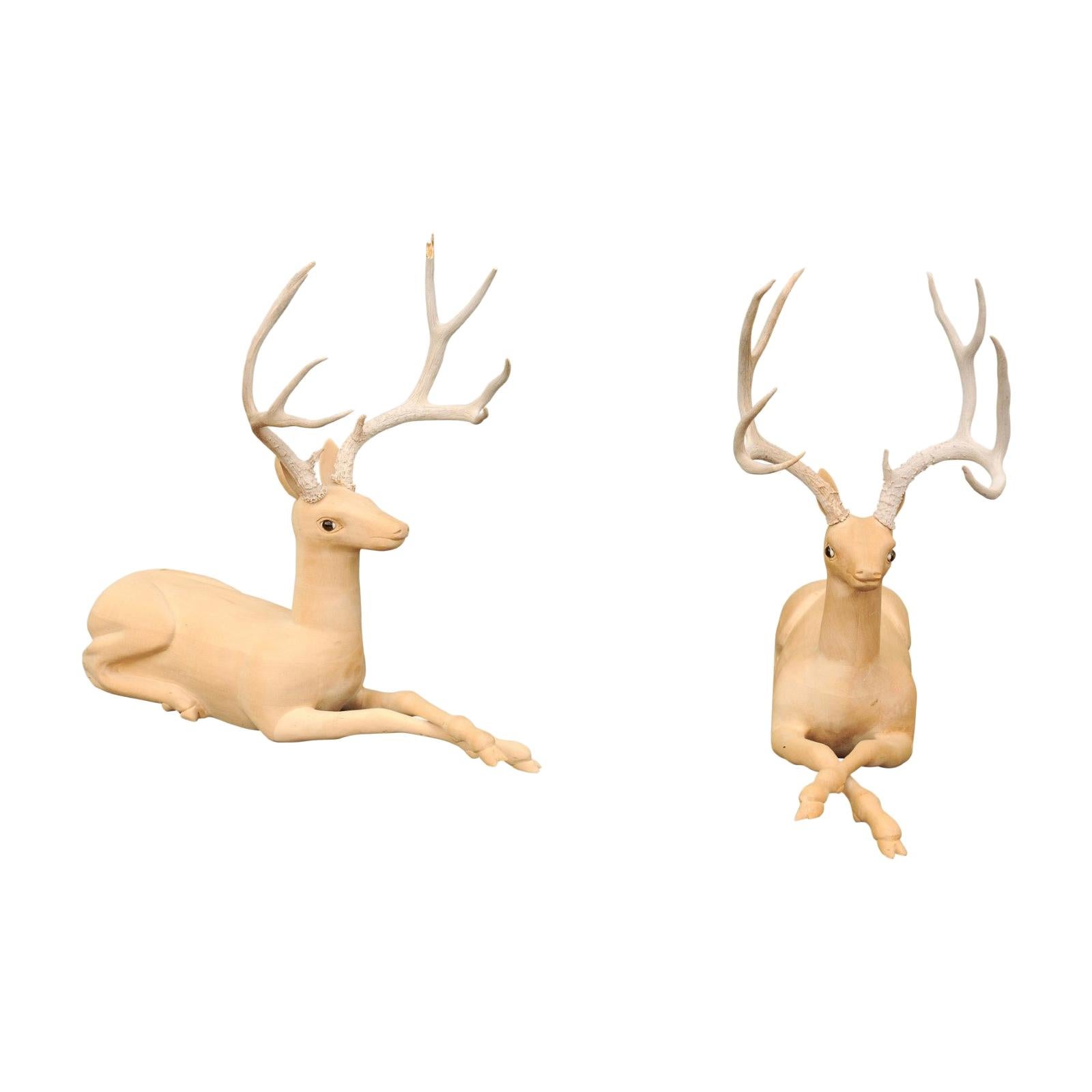 Pair of Italian Vintage Midcentury Carved Wooden Stag Sculptures with Antlers For Sale