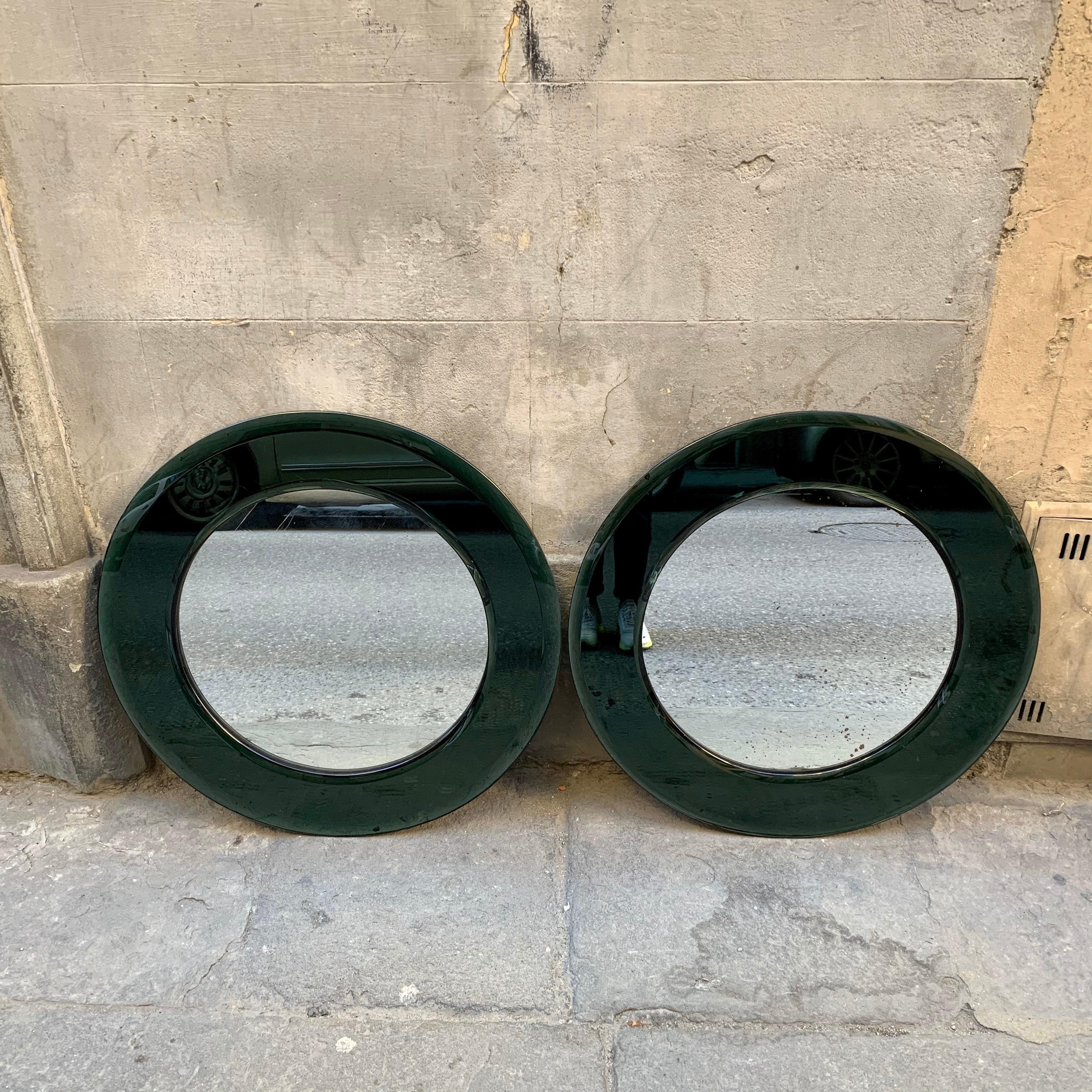 Mid-Century Modern Pair of Italian Vintage Mirrors with Green Glass Frame, 1970s