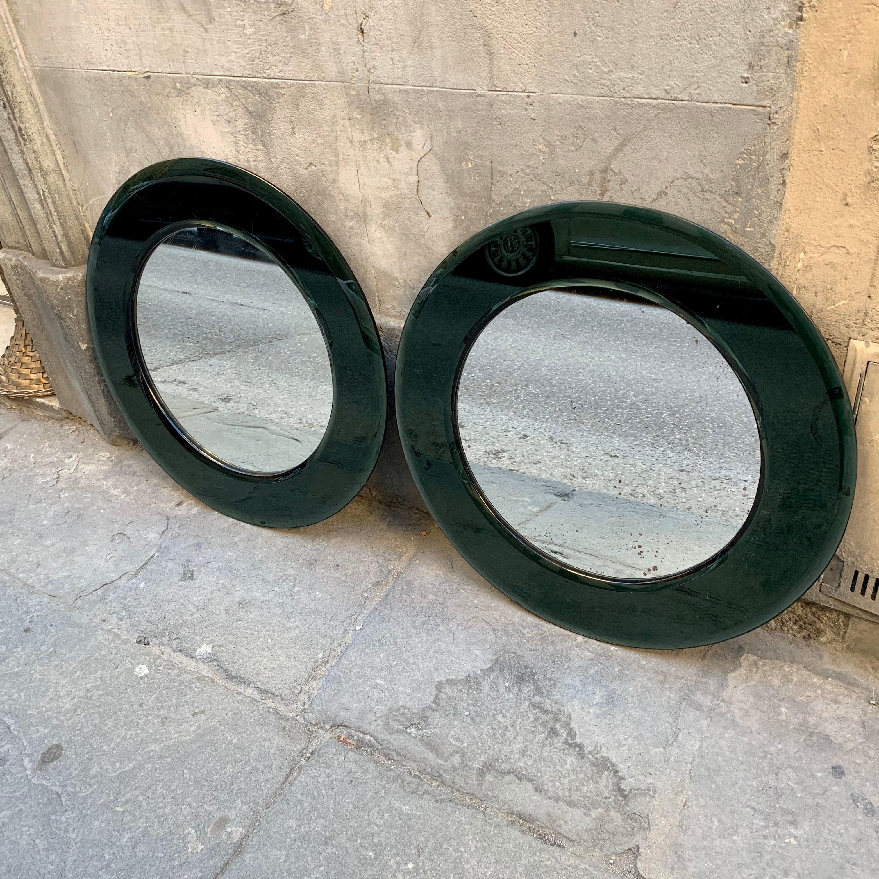 Late 20th Century Pair of Italian Vintage Mirrors with Green Glass Frame, 1970s