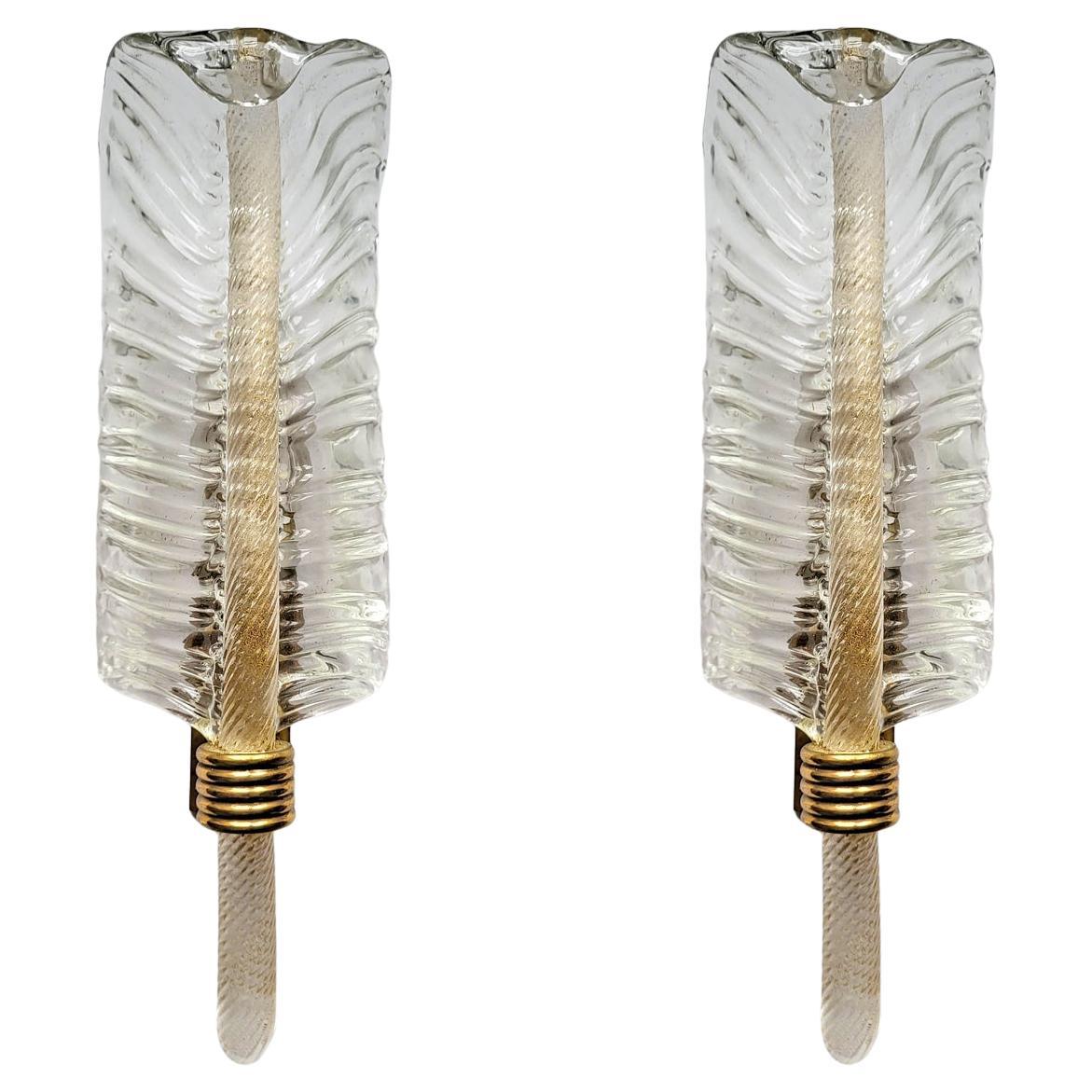Pair of Italian Vintage Murano Glass and Brass Wall Lights Sconces, 1920s