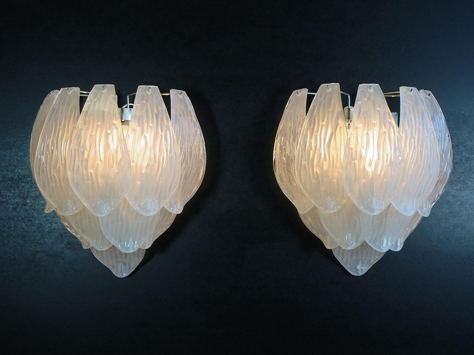 Mid-Century Modern Pair of Italian vintage Murano glass wall sconces - frosted glasses For Sale