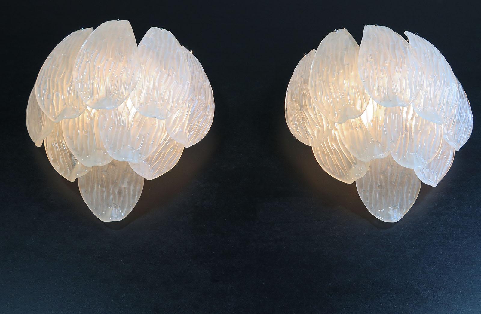 Galvanized Pair of Italian vintage Murano glass wall sconces - frosted glasses For Sale
