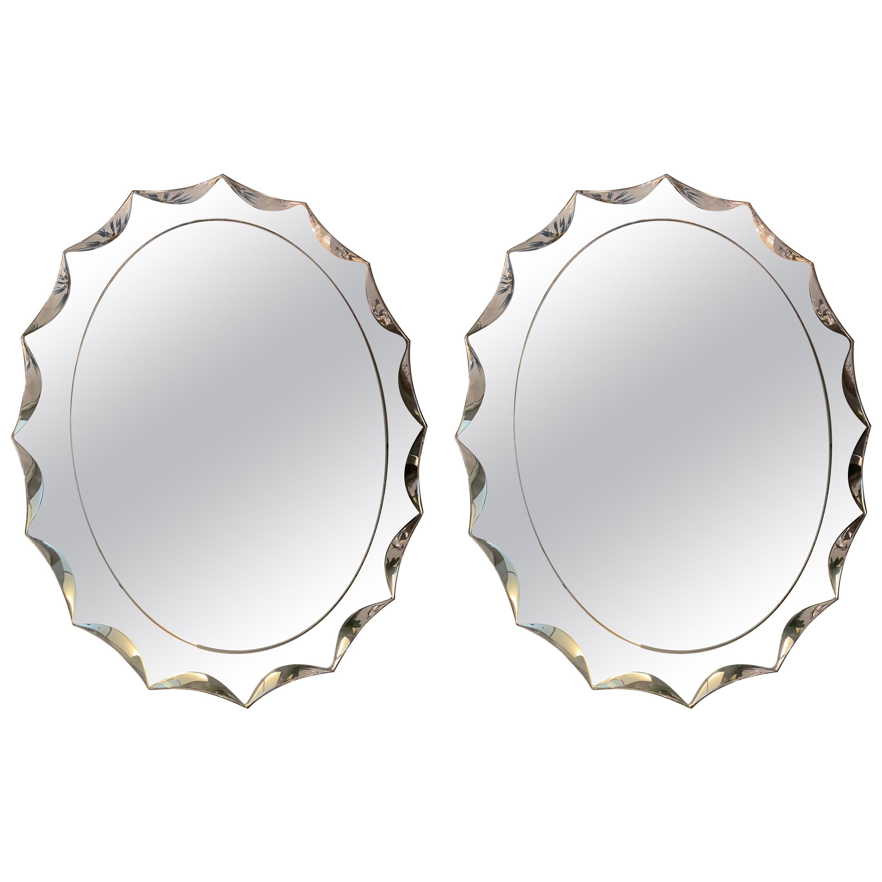 Pair of Italian Vintage Oval Mirrors with Ground Beleved Mirror Frame, 1970s