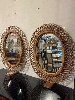 Pair of Italian Vintage Oval Rattan Mirrors