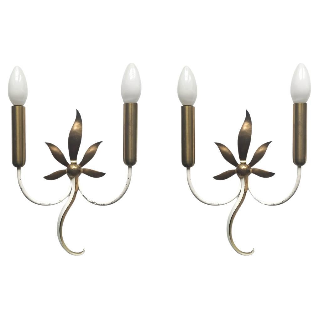 Pair of Italian Vintage Sculptural Brass Sconces Wall Lights 1950s