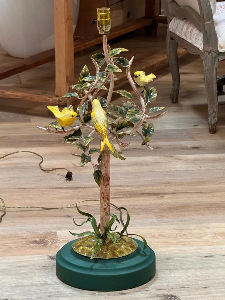 Pair of Italian vintage lamps having yellow birds and flowers. Mid-century.  Price includes shades. 

