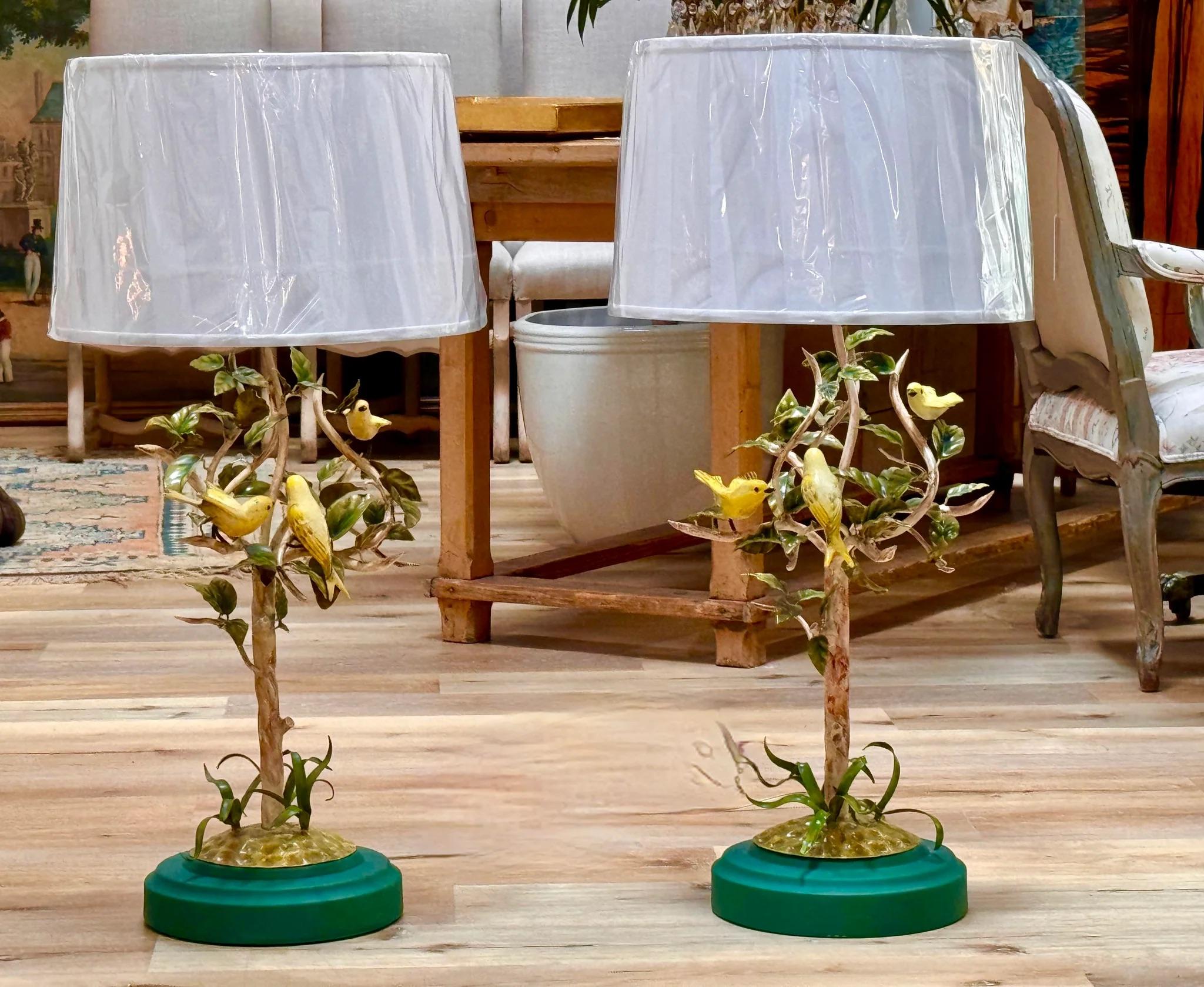 20th Century Pair of Italian Vintage Tole Bird and foliage lamps