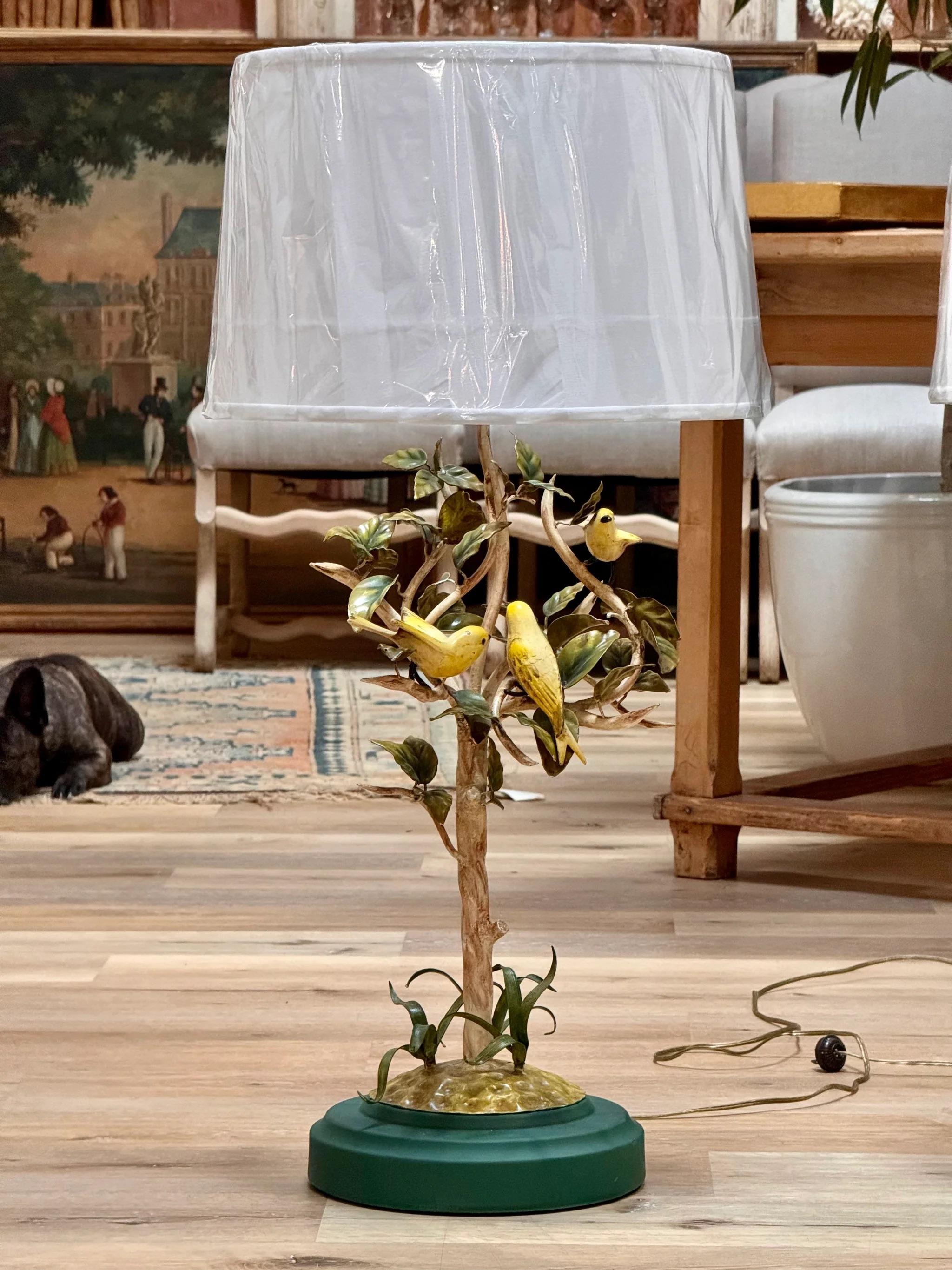 Metal Pair of Italian Vintage Tole Bird and foliage lamps