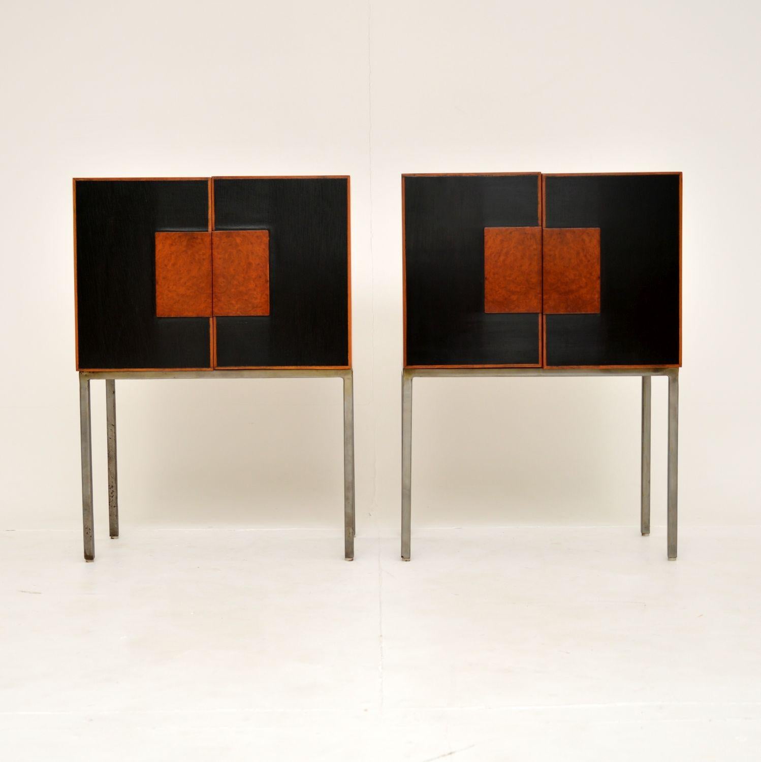 A very stylish and well made pair of vintage Italian side cabinets. They were made in Italy and date from around the 1970-80’s.

They are beautifully designed and are of superb quality. The carcasses are birch, with ebonised doors, burr walnut