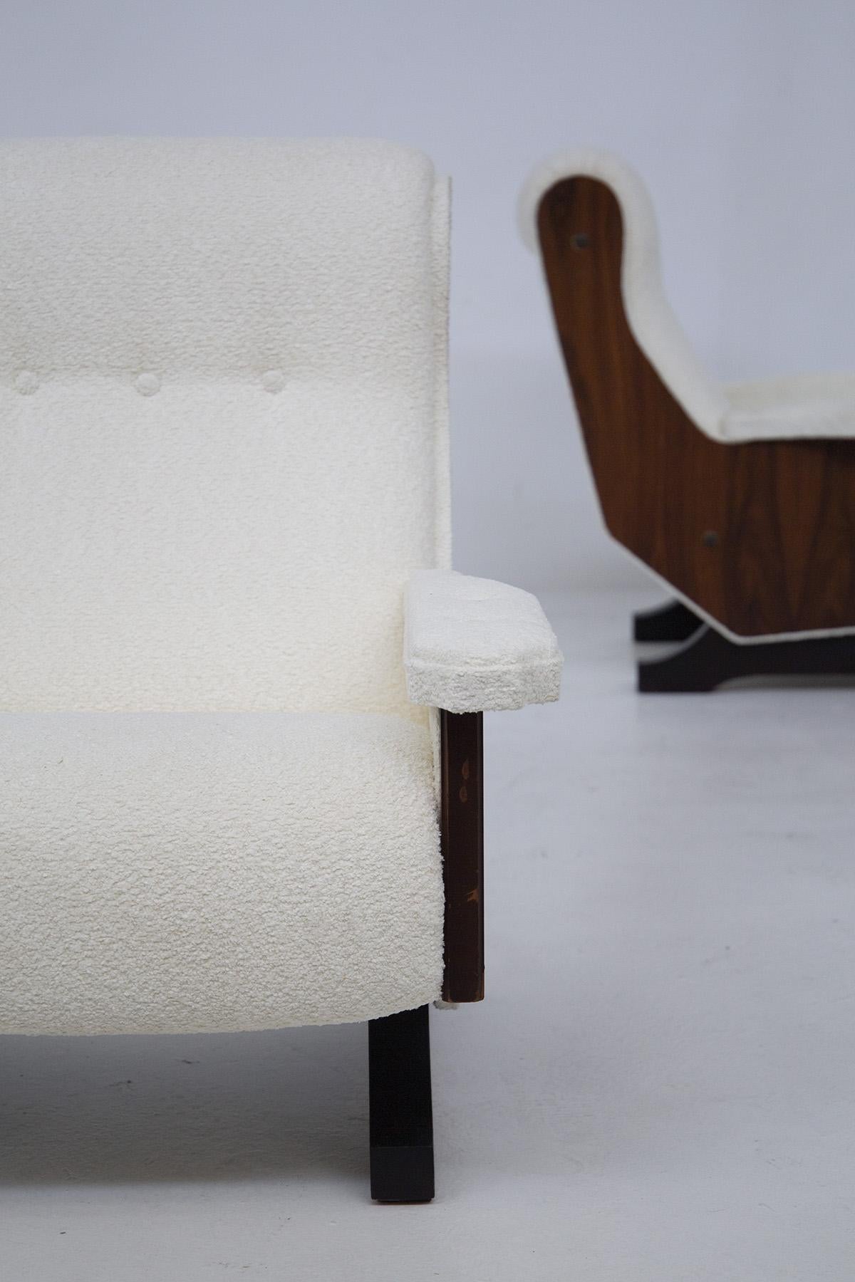 Mid-20th Century Pair of Italian Vintage Walnut Wood and Boucle Armchairs For Sale