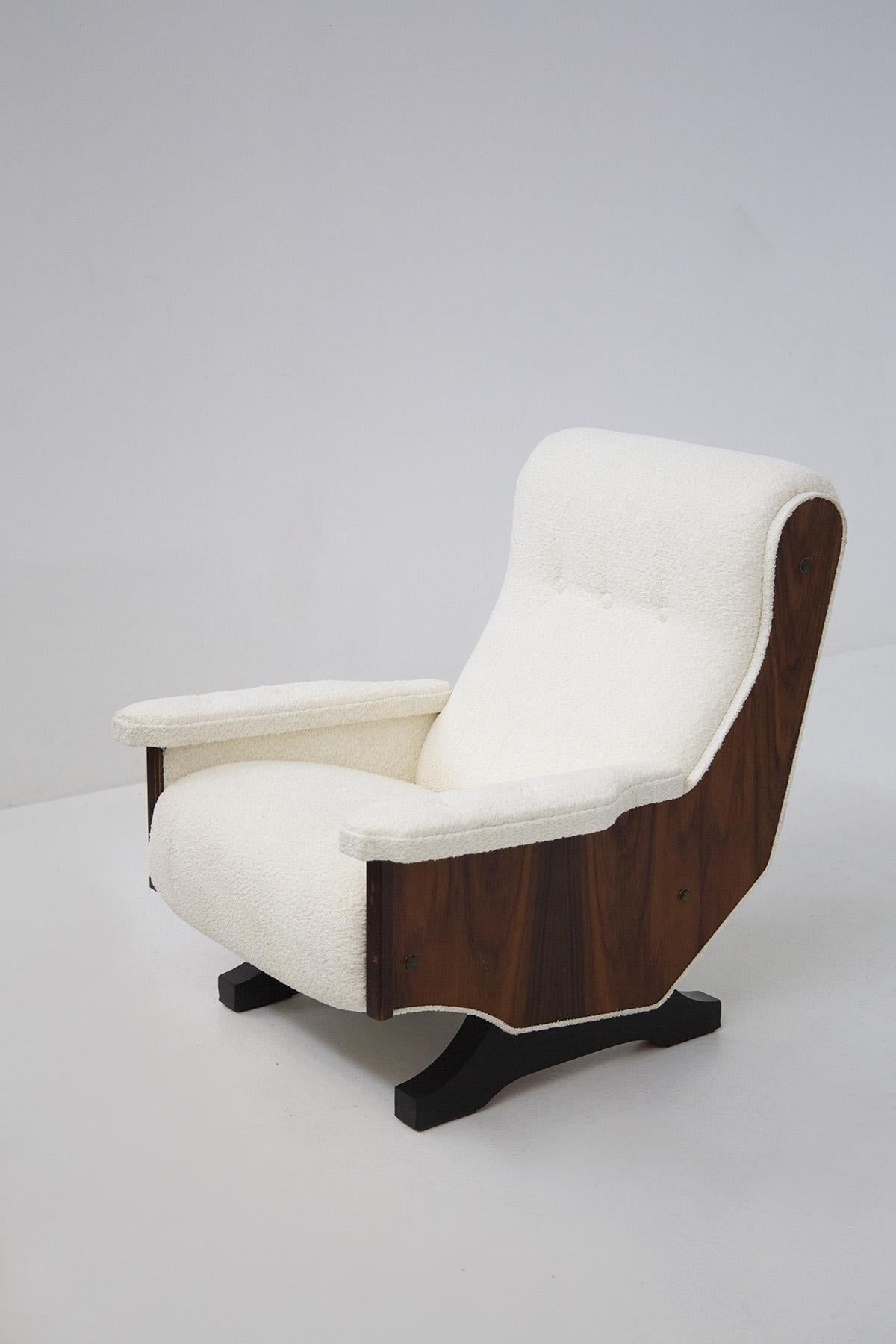 Bouclé Pair of Italian Vintage Walnut Wood and Boucle Armchairs For Sale