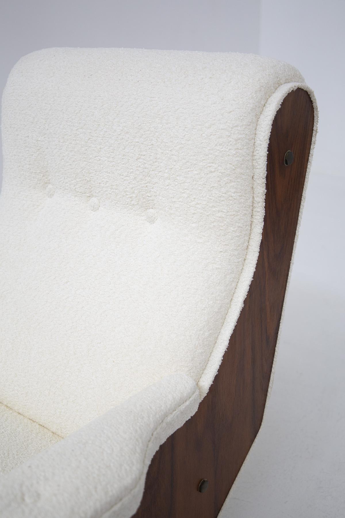 Pair of Italian Vintage Walnut Wood and Boucle Armchairs For Sale 1