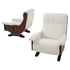 Pair of Italian Vintage Walnut Wood and Boucle Armchairs