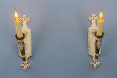 Pair of Italian Vintage White and Golden Metal Torch Shaped Wall Sconces, 1950s