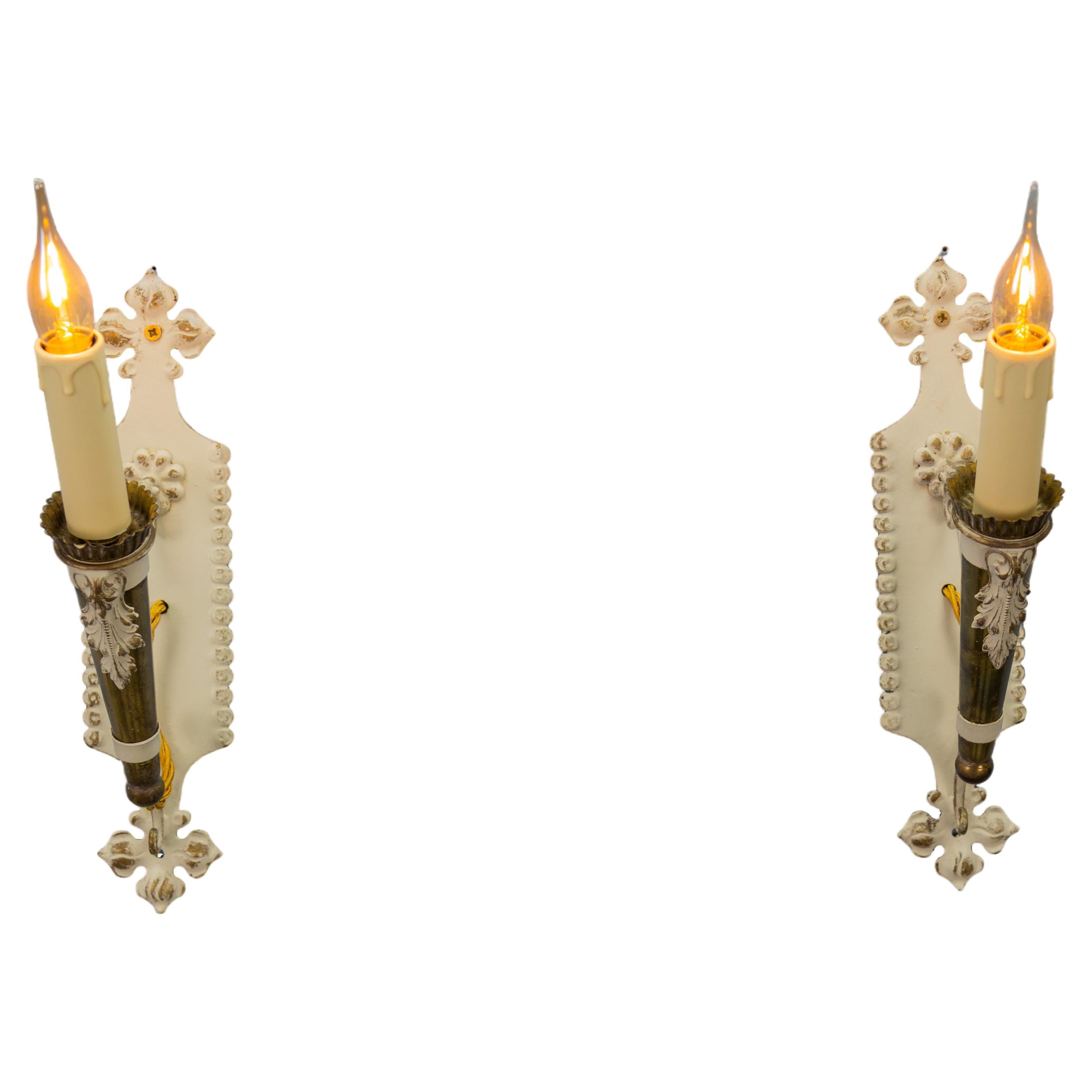 Pair of Italian Vintage White and Golden Metal Torch Shaped Wall Sconces, 1950s For Sale