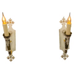 Pair of Italian Vintage White and Golden Metal Torch Shaped Wall Sconces, 1950s