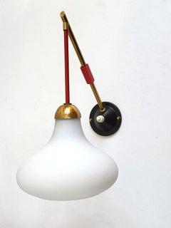 Pair of Italian Vintage White Glass and Brass Stilnovo Wall Lights Sconces 1950s